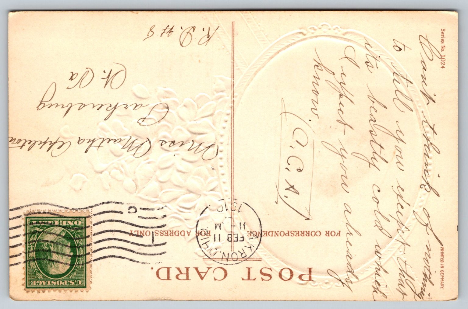 Vintage Embossed Floral Postcard with 1910 US Stamp and Handwriting detailed image 2