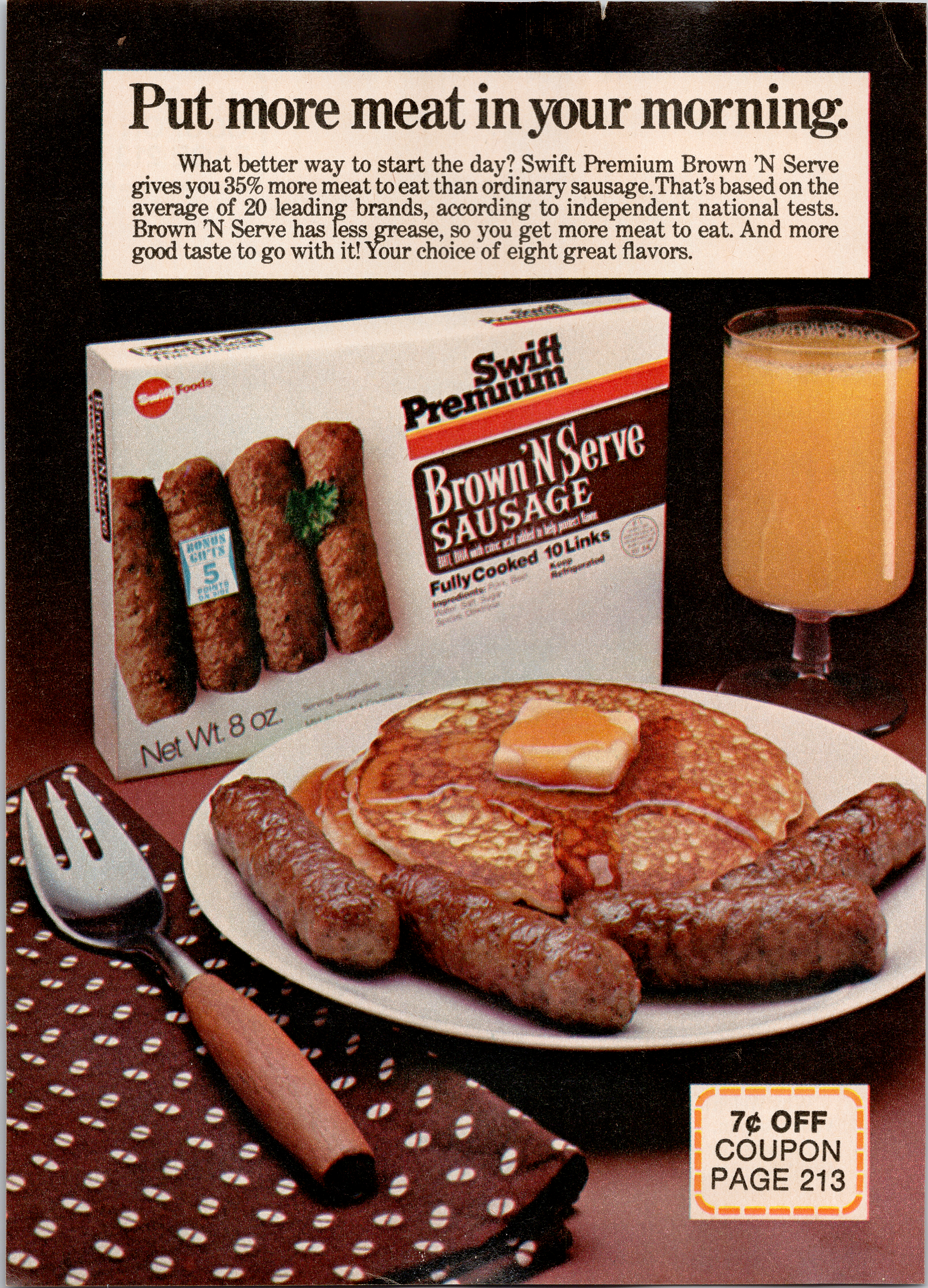 Vintage Swift Premium Brown ‘N Serve Ad Print Fully Cooked Sausage 10 Links 8oz