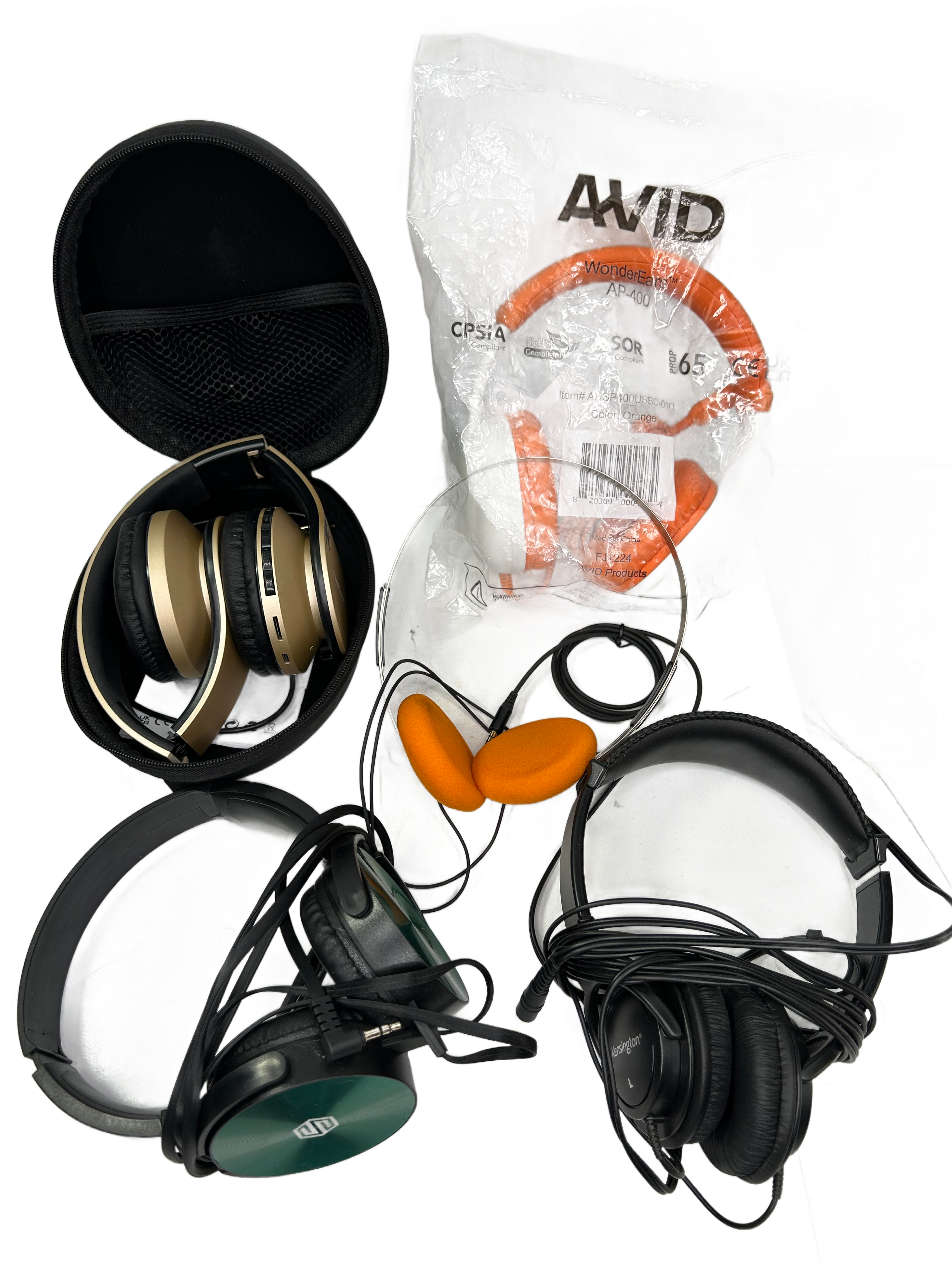 Lot of 5 Headphones: PowerLocus Wireless, Kensington, AVID AP-400, & Green Wired