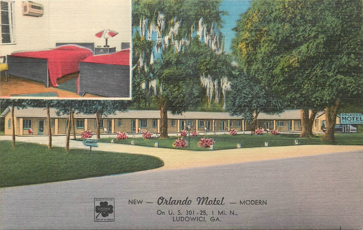 Orlando Motel Ludowici GA Postcard US 301-25 Spanish Moss Trees Vintage Linen