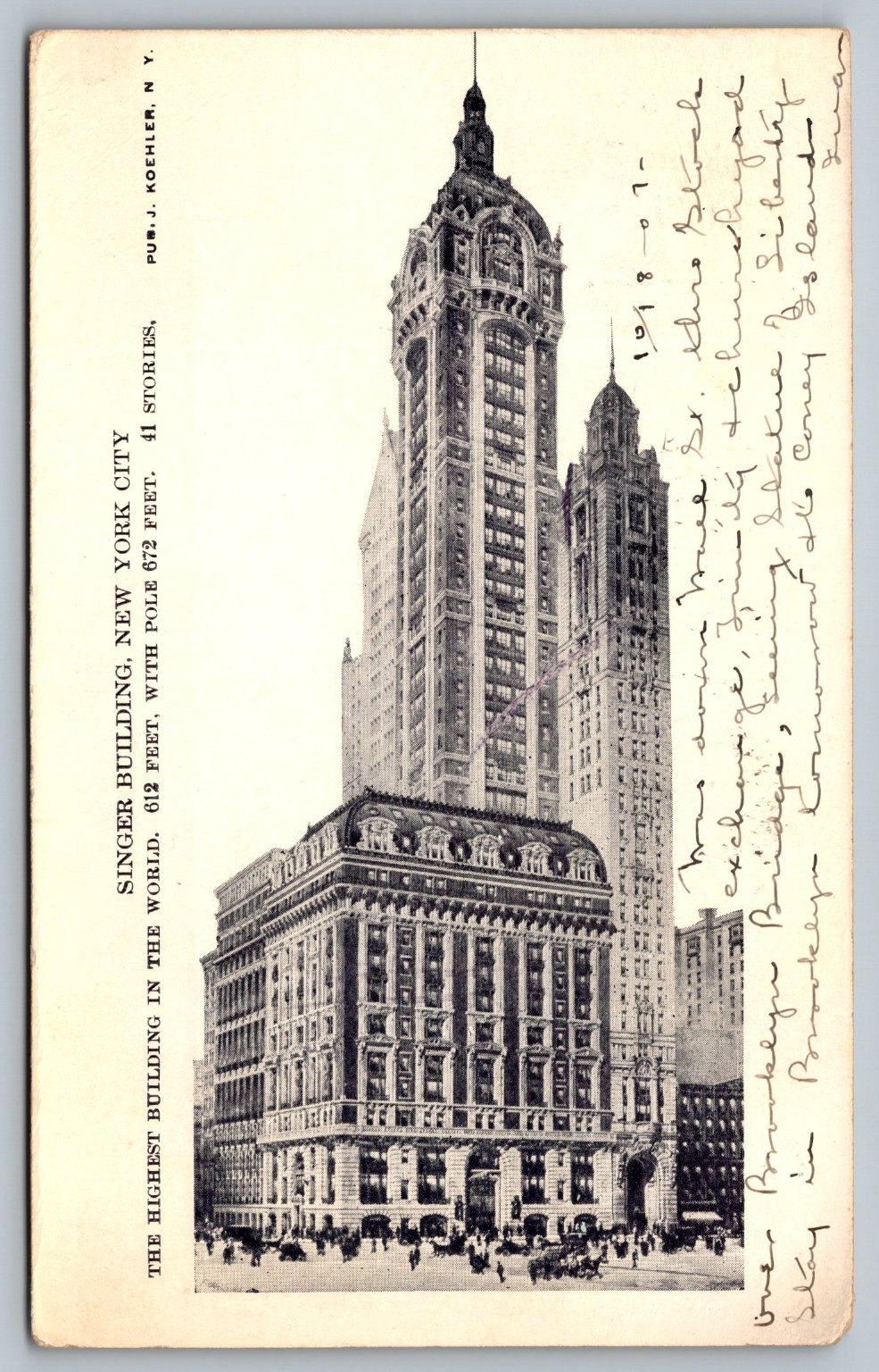 1907 Singer Building NYC Highest Skyscraper J. Koehler Postcard Posted