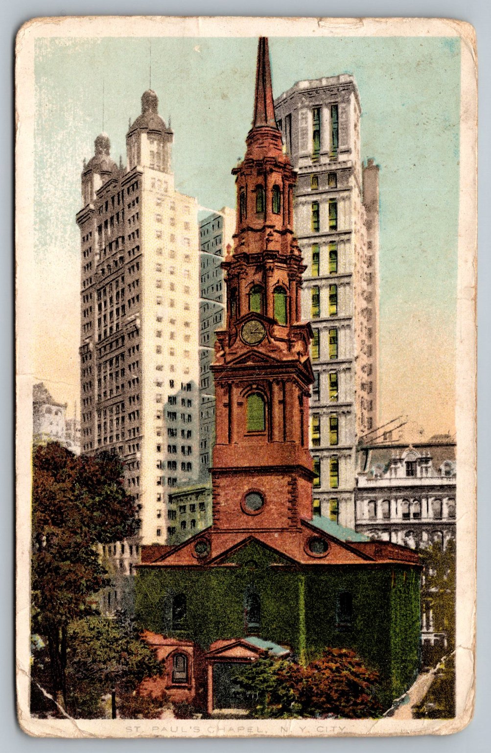 1908 St. Paul’s Chapel NYC Skyscraper View Antique Postcard G&S Photodrome