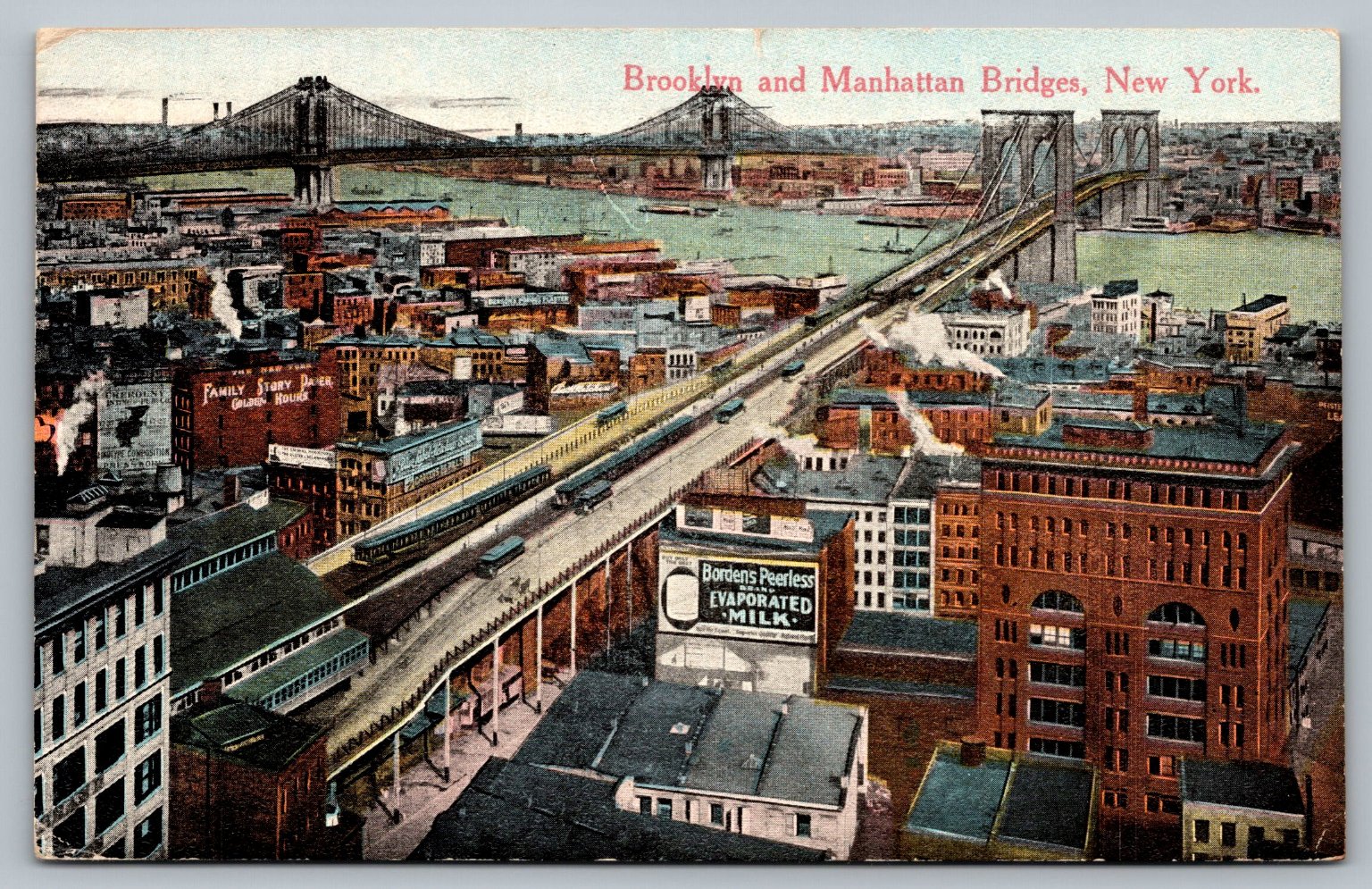 1914 Brooklyn & Manhattan Bridges NYC Elevated Train Postcard Bordens Sign