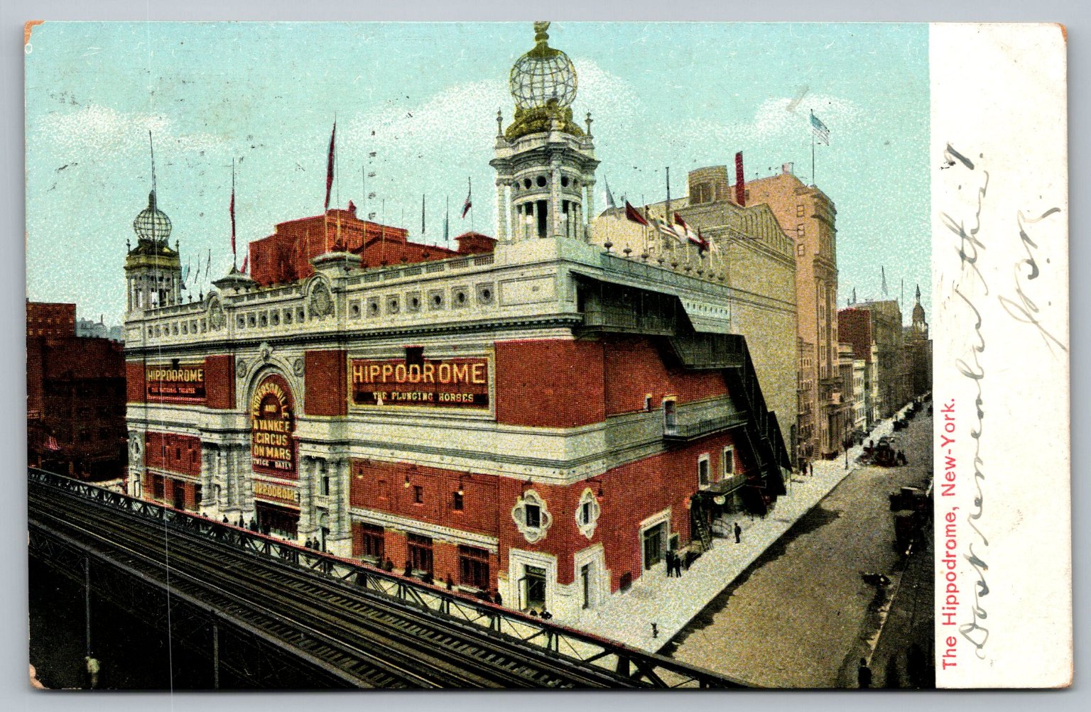 1908 NYC Hippodrome Postcard A Yankee Circus on Mars Elevated Train