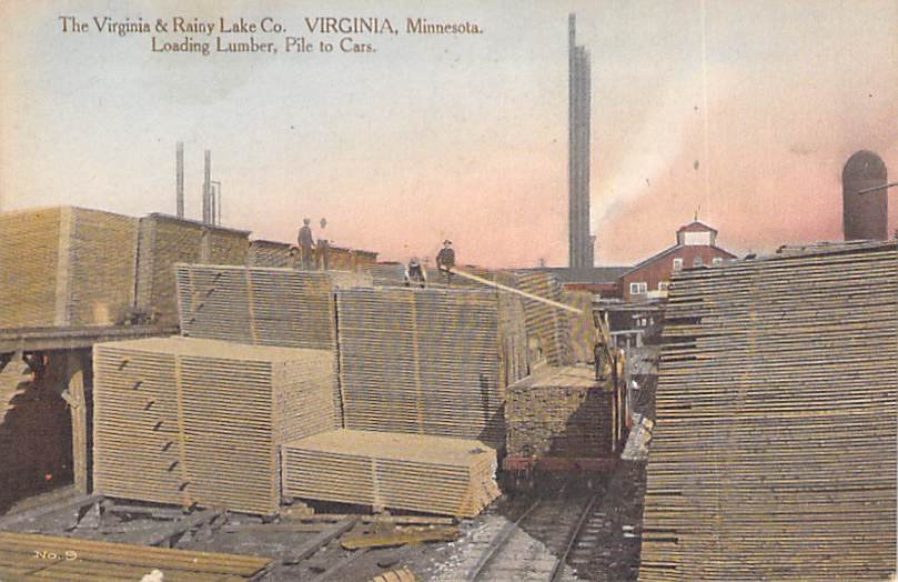 Virginia MN Rainy Lake Co. Lumber Mill Loading Railroad Cars Postcard c1910s