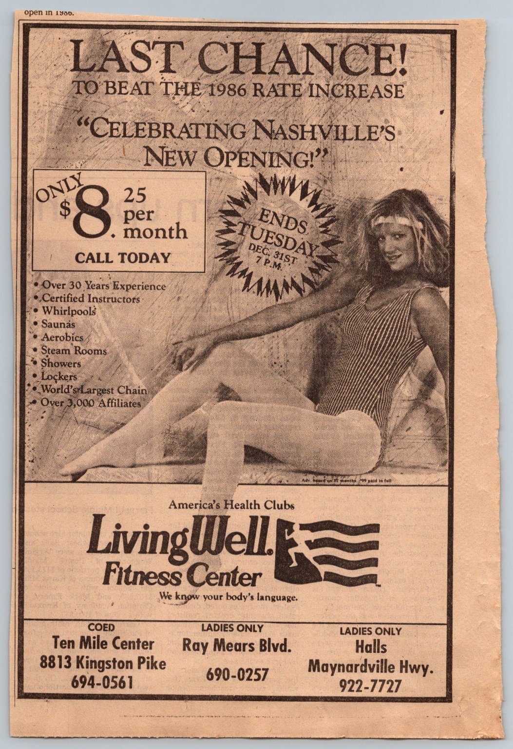 1985 LivingWell Fitness Center Nashville Ad Newspaper Clipping Ephemera