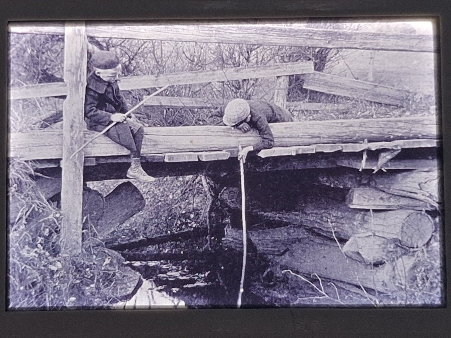 Vintage Boys Fishing Black & White Slide Photograph Rustic Bridge Stream